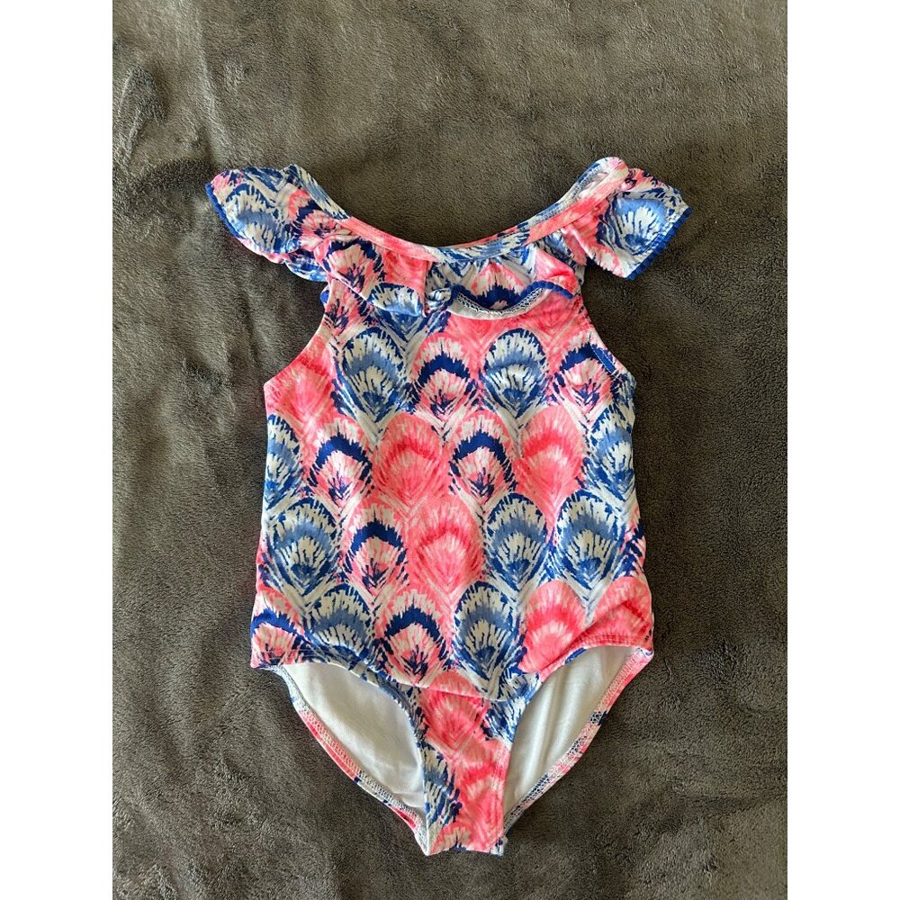 Girls Penelope Mack 4T One-Shoulder Ruffle Swimsuit Pink & Blue Feather Print Po